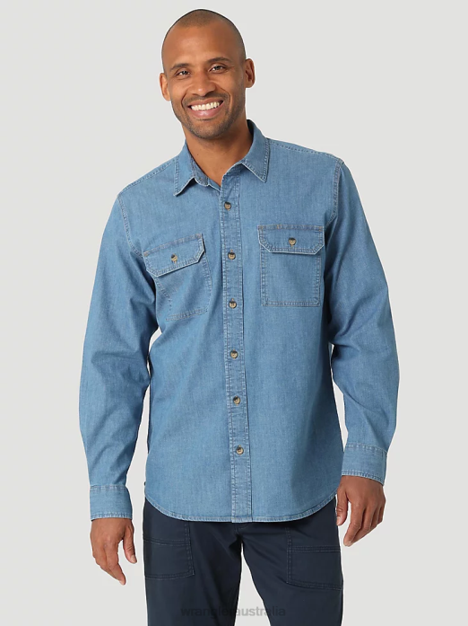 Long Sleeve Twill/Denim Shirt Men Wrangler RHXV375 Clothing Light Wash (112324398)