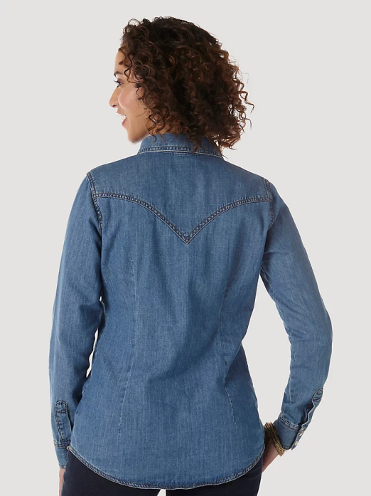 Long Sleeve Western Snap Denim Shirt Women Wrangler RHXV880 Clothing Mid Denim (LW7006D)