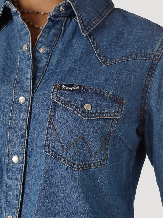 Long Sleeve Western Snap Denim Shirt Women Wrangler RHXV880 Clothing Mid Denim (LW7006D)
