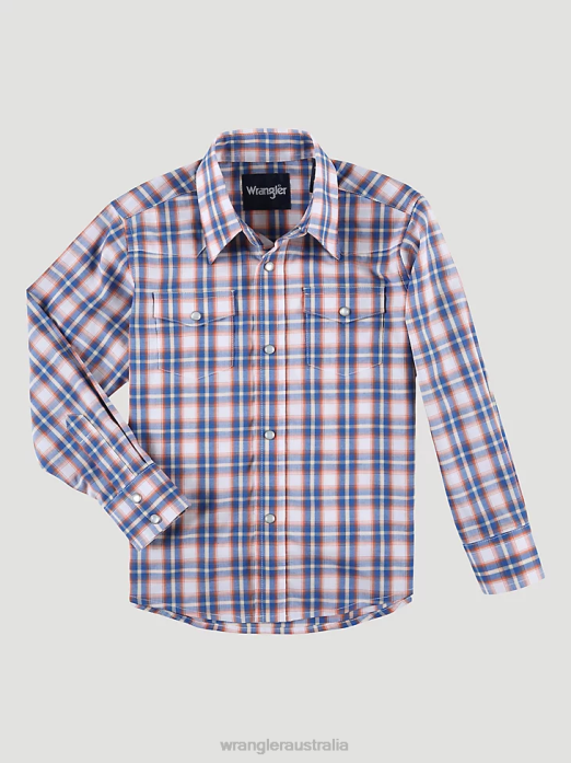 Long Sleeve Wrinkle Resist Western Snap Plaid Shirt Boys Wrangler RHXV965 Clothing Orange Pop (112324676)