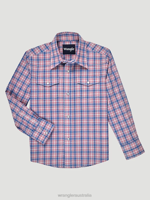 Long Sleeve Wrinkle Resist Western Snap Plaid Shirt Boys Wrangler RHXV968 Clothing Fireworks Blue (112326323)