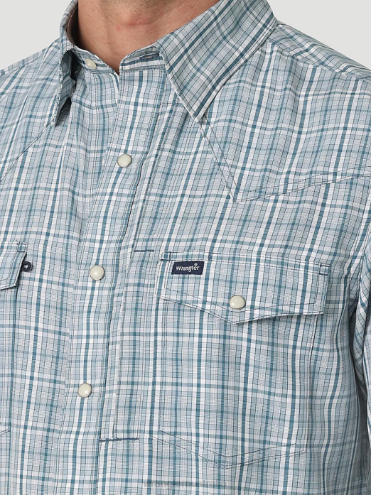Performance Snap Long Sleeve Plaid Shirt Men Wrangler RHXV434 Clothing Teal Plaid (112326180)