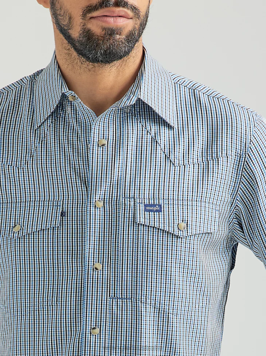 Performance Snap Long Sleeve Plaid Shirt Men Wrangler RHXV436 Clothing Blue Gray (112326154)