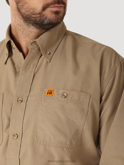 RIGGS Workwear FR Flame Resistant Twill Solid Work Shirt Men Wrangler RHXV403 Clothing Khaki (FR3W01K)