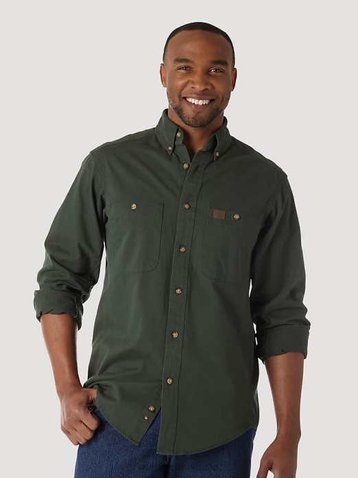 RIGGS Workwear Long Sleeve Button Down Solid Twill Work Shirt Men Wrangler RHXV349 Clothing Forest Green (3W501FG)