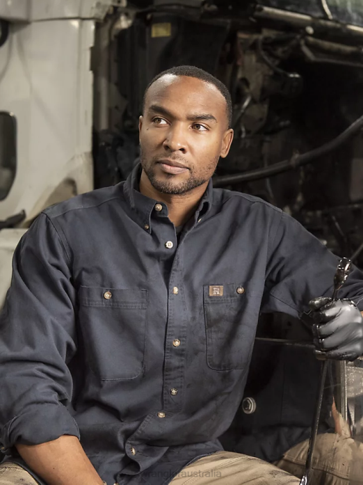 RIGGS Workwear Long Sleeve Button Down Solid Twill Work Shirt Men Wrangler RHXV350 Clothing Navy (3W501NV)