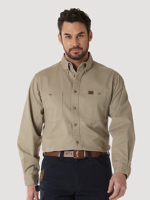 RIGGS Workwear Long Sleeve Button Down Solid Twill Work Shirt Men Wrangler RHXV351 Clothing Khaki (3W501KH)