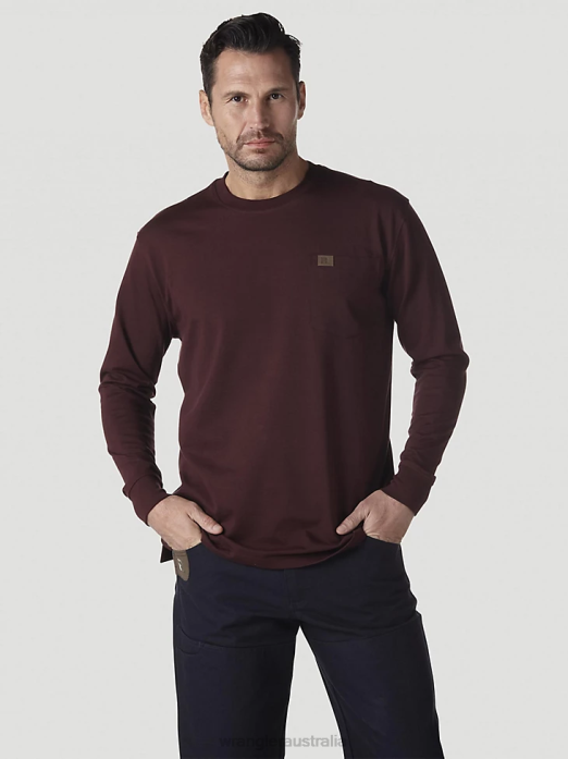 RIGGS Workwear Long Sleeve Pocket T-Shirt Men Wrangler RHXV274 Clothing Burgundy (3W710BG)