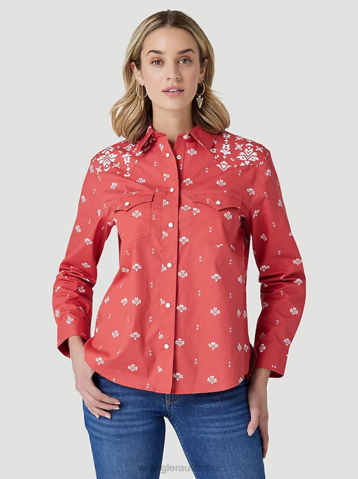 Retro Americana Bandana Western Snap Shirt Women Wrangler RHXV882 Clothing Red (112327234)