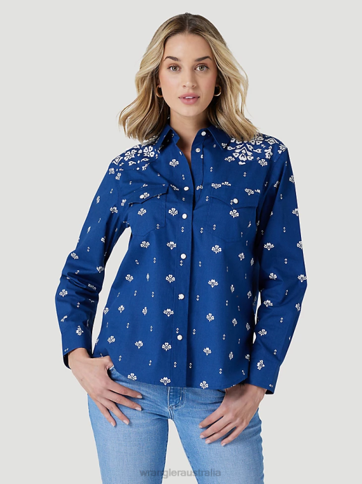 Retro Americana Bandana Western Snap Shirt Women Wrangler RHXV883 Clothing Blue Print (112327260)