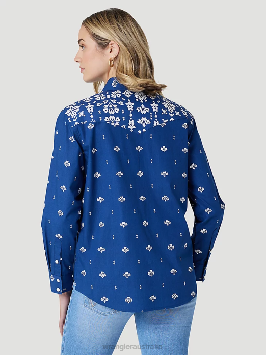Retro Americana Bandana Western Snap Shirt Women Wrangler RHXV883 Clothing Blue Print (112327260)