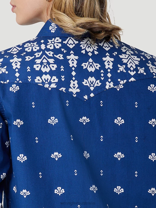 Retro Americana Bandana Western Snap Shirt Women Wrangler RHXV883 Clothing Blue Print (112327260)