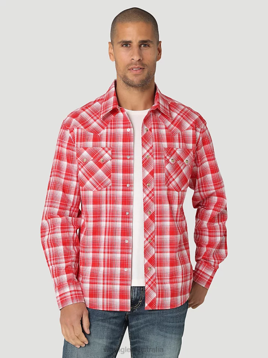Retro Long Sleeve Sawtooth Snap Pocket Western Shirt Men Wrangler RHXV691 Clothing Bold Red (112324672)