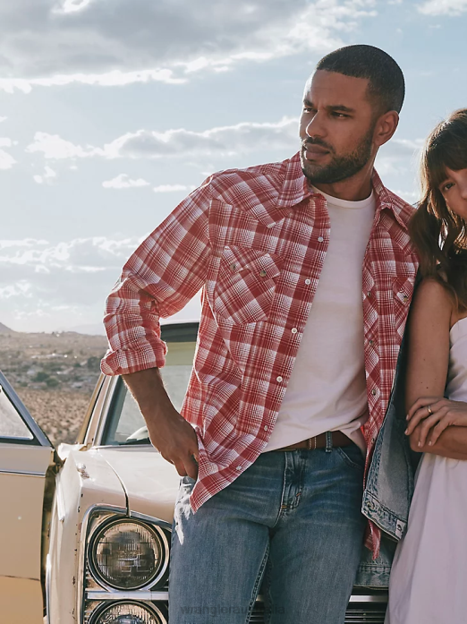 Retro Long Sleeve Sawtooth Snap Pocket Western Shirt Men Wrangler RHXV691 Clothing Bold Red (112324672)