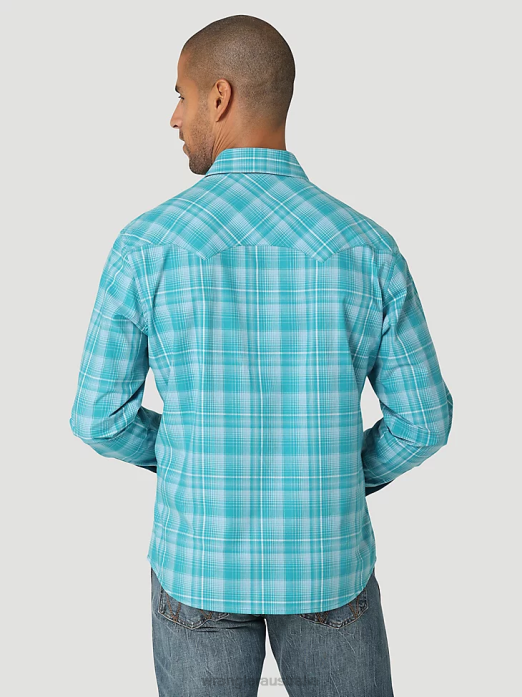 Retro Long Sleeve Sawtooth Snap Pocket Western Shirt Men Wrangler RHXV693 Clothing Teal Blue (112324670)