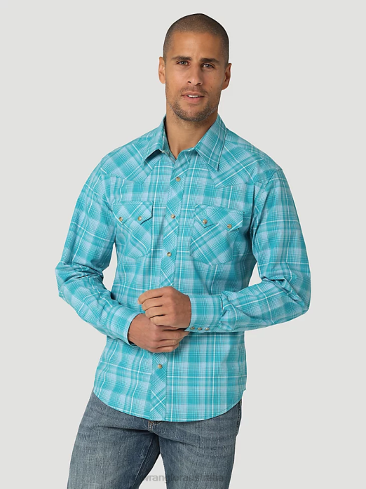 Retro Long Sleeve Sawtooth Snap Pocket Western Shirt Men Wrangler RHXV693 Clothing Teal Blue (112324670)