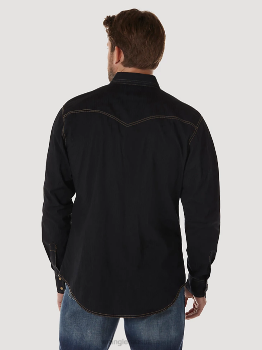 Retro Long Sleeve Western Snap Solid Dobby Shirt Men Wrangler RHXV471 Clothing Black (MVR532X)