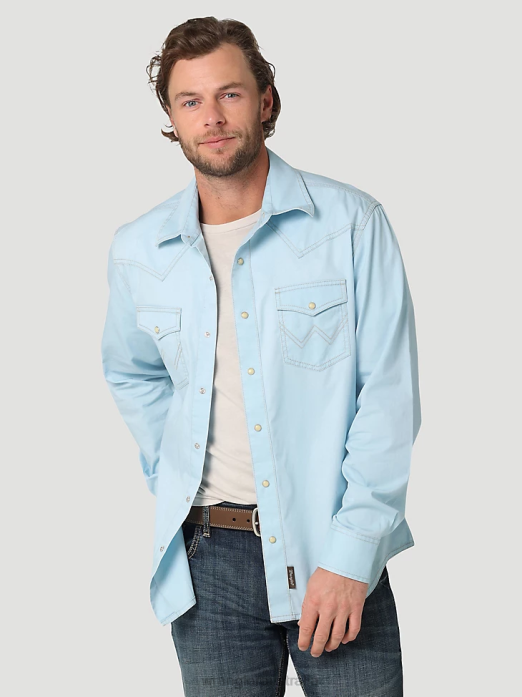 Retro Premium Contrast Trim Western Snap Flap Pocket Solid Shirt Men Wrangler RHXV455 Clothing Cool Blue (112324804)