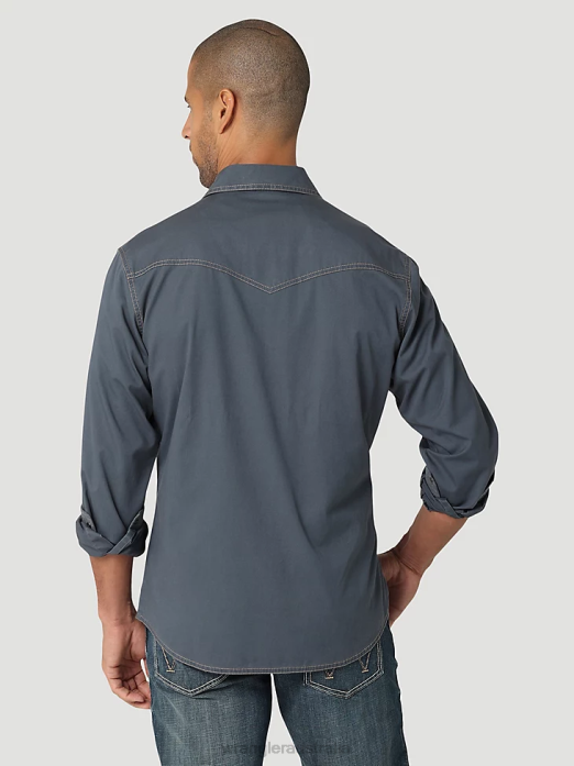Retro Premium Contrast Trim Western Snap Flap Pocket Solid Shirt Men Wrangler RHXV456 Clothing Ombre Blue (112324845)