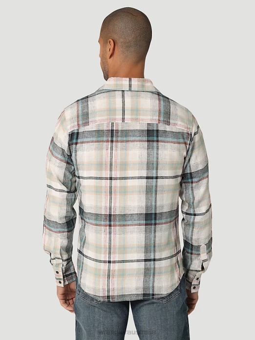 Retro Premium Long Sleeve Button Down Plaid Shirt Men Wrangler RHXV336 Clothing Off White (112324853)
