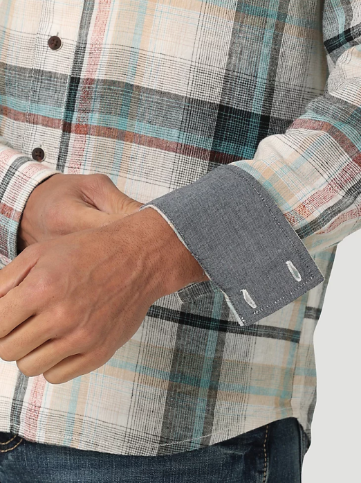 Retro Premium Long Sleeve Button Down Plaid Shirt Men Wrangler RHXV336 Clothing Off White (112324853)