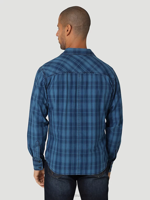 Retro Premium Long Sleeve Button Down Plaid Shirt Men Wrangler RHXV337 Clothing Azul (112324855)