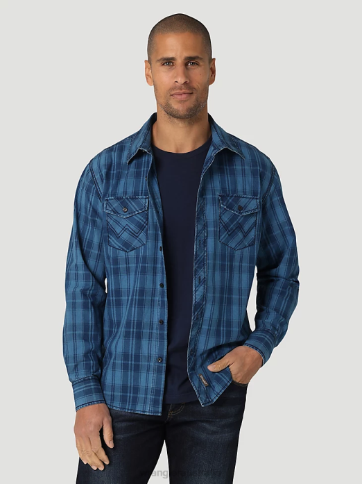 Retro Premium Long Sleeve Button Down Plaid Shirt Men Wrangler RHXV337 Clothing Azul (112324855)