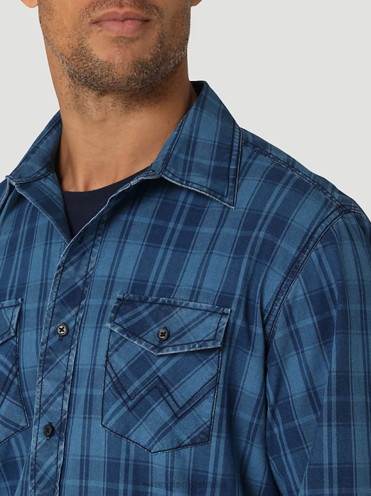 Retro Premium Long Sleeve Button Down Plaid Shirt Men Wrangler RHXV337 Clothing Azul (112324855)