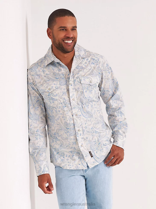 Retro Premium Long Sleeve Button-Down Print Shirt Men Wrangler RHXV426 Clothing Toile Blue (112327790)