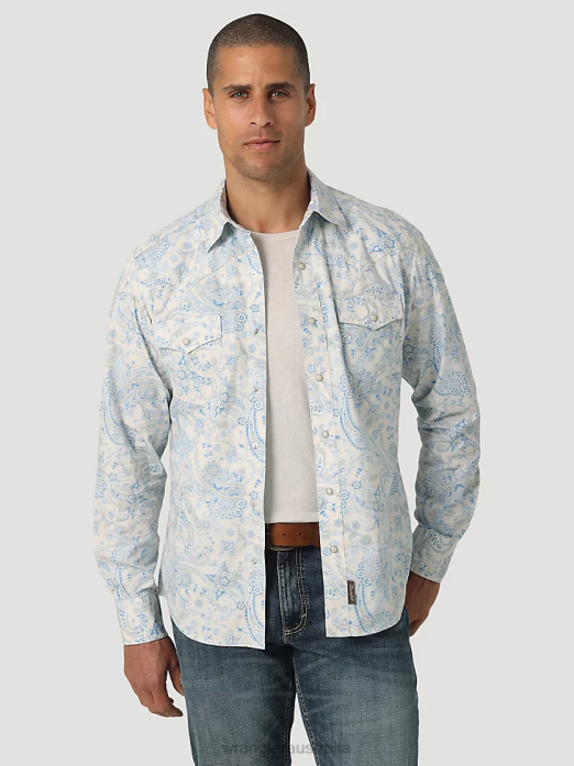 Retro Premium Long Sleeve Button-Down Print Shirt Men Wrangler RHXV426 Clothing Toile Blue (112327790)