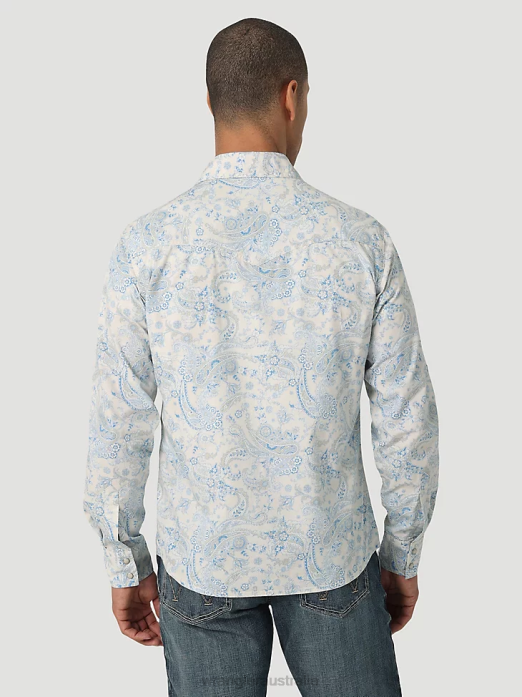 Retro Premium Long Sleeve Button-Down Print Shirt Men Wrangler RHXV426 Clothing Toile Blue (112327790)