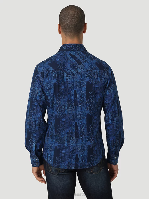 Retro Premium Long Sleeve Button-Down Print Shirt Men Wrangler RHXV427 Clothing Bandana Blue (112327791)