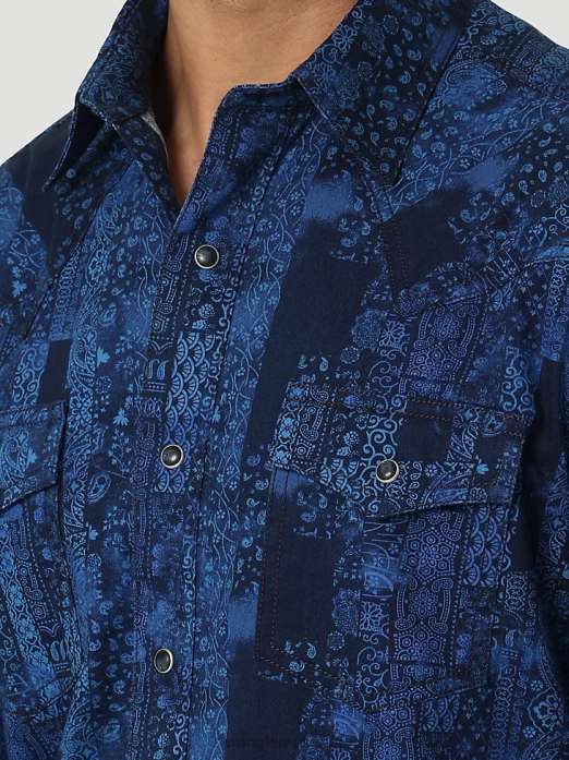 Retro Premium Long Sleeve Button-Down Print Shirt Men Wrangler RHXV427 Clothing Bandana Blue (112327791)