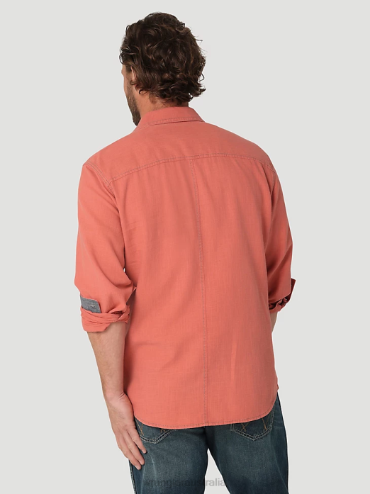Retro Premium Long Sleeve Button-Down Solid Shirt Men Wrangler RHXV303 Clothing Salmon Red (112324852)