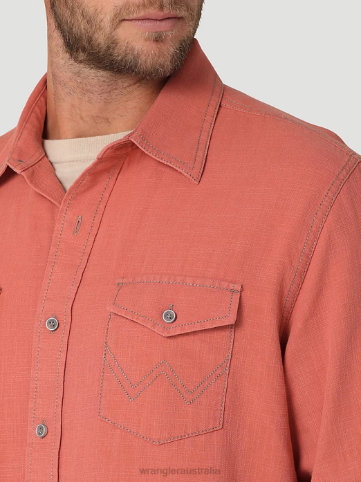 Retro Premium Long Sleeve Button-Down Solid Shirt Men Wrangler RHXV303 Clothing Salmon Red (112324852)