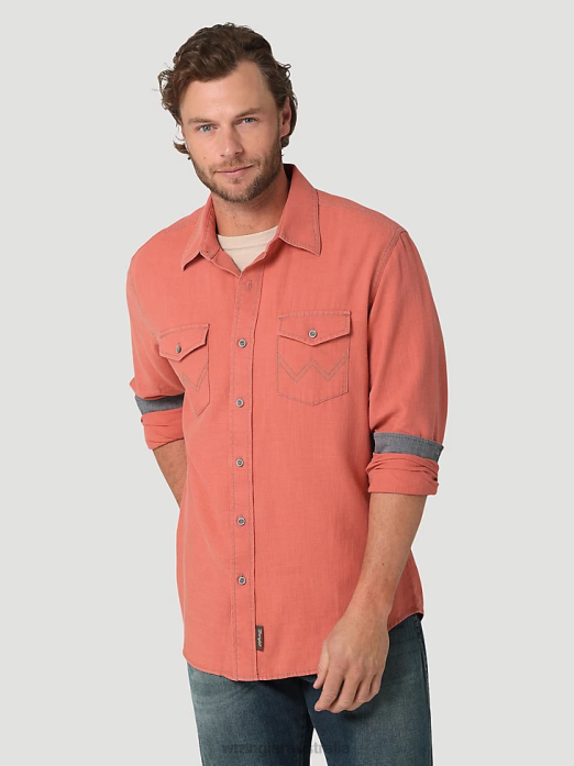 Retro Premium Long Sleeve Button-Down Solid Shirt Men Wrangler RHXV303 Clothing Salmon Red (112324852)