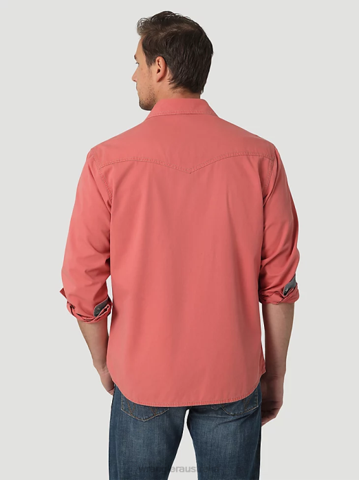 Retro Premium Long Sleeve Button-Down Solid Shirt Men Wrangler RHXV304 Clothing Pomelo Red (112327788)