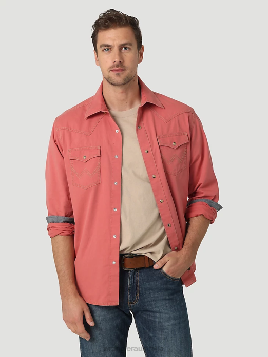 Retro Premium Long Sleeve Button-Down Solid Shirt Men Wrangler RHXV304 Clothing Pomelo Red (112327788)
