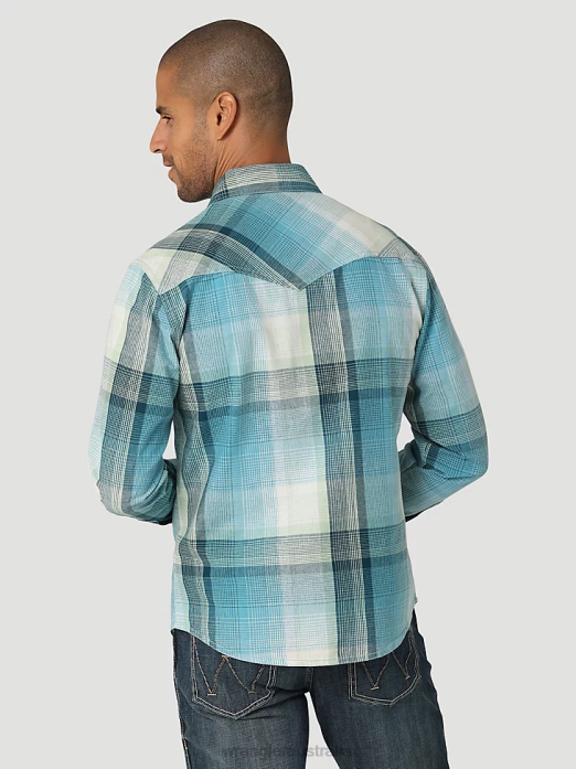 Retro Premium Long Sleeve Western Snap Plaid Shirt Men Wrangler RHXV478 Clothing Blue Light (112324851)
