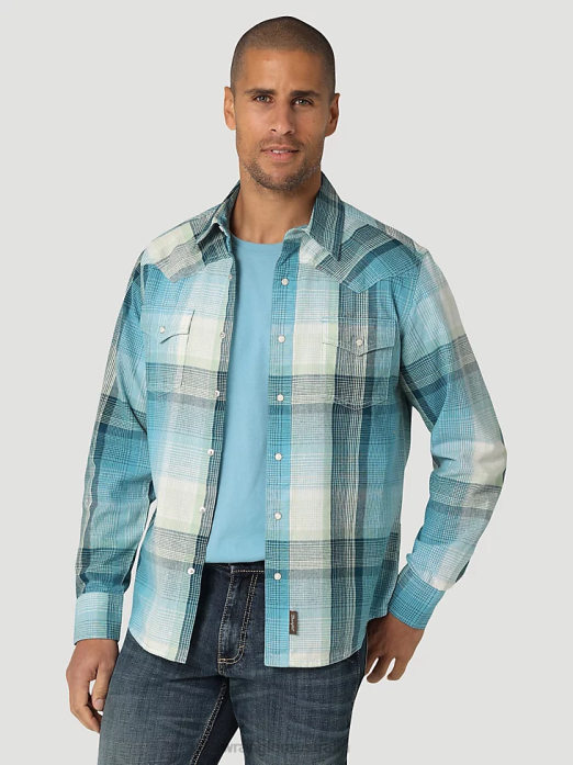 Retro Premium Long Sleeve Western Snap Plaid Shirt Men Wrangler RHXV478 Clothing Blue Light (112324851)
