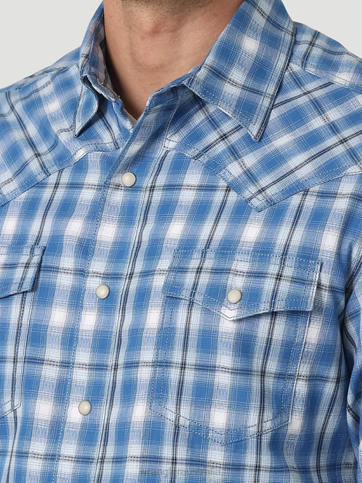 Retro Premium Long Sleeve Western Snap Plaid Shirt Men Wrangler RHXV479 Clothing Riviera Blue (112327792)