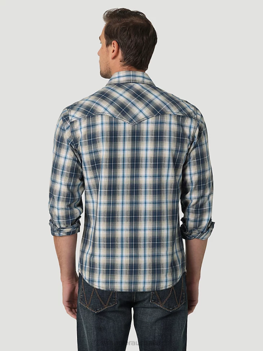 Retro Premium Long Sleeve Western Snap Plaid Shirt Men Wrangler RHXV480 Clothing Deep Indigo (112327793)