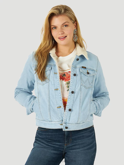 Retro Sherpa Lined Western Denim Jacket Women Wrangler RHXV870 Clothing Bleached Denim (112317322)