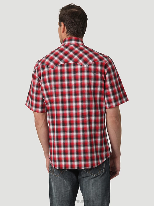 Retro Short Sleeve Western Snap with Sawtooth Flap Pocket Plaid Shirt Men Wrangler RHXV429 Clothing Picnic Red (112326334)