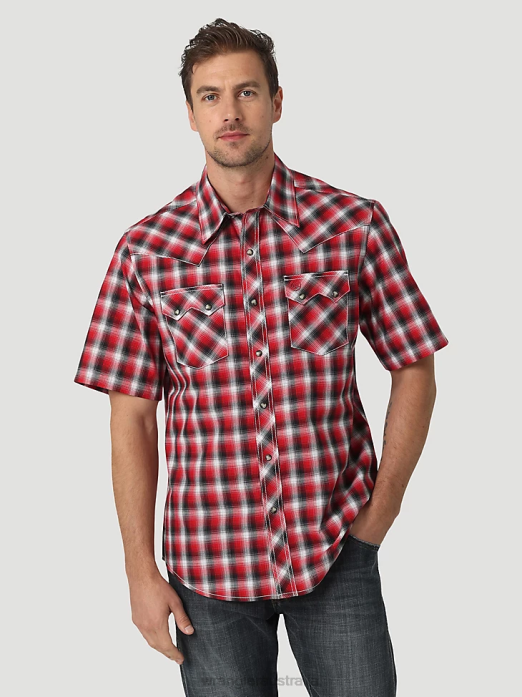 Retro Short Sleeve Western Snap with Sawtooth Flap Pocket Plaid Shirt Men Wrangler RHXV429 Clothing Picnic Red (112326334)