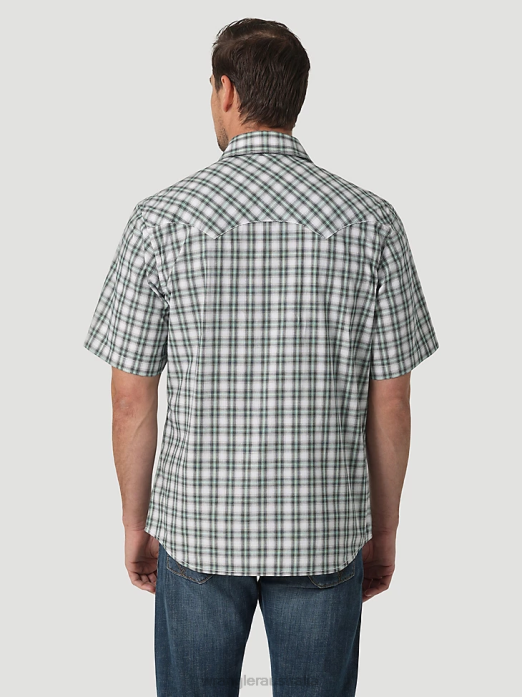 Retro Short Sleeve Western Snap with Sawtooth Flap Pocket Plaid Shirt Men Wrangler RHXV430 Clothing Picnic Green (112326336)