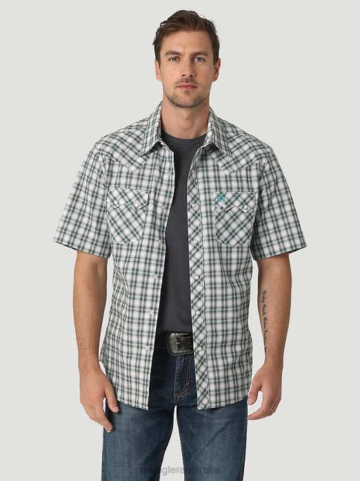 Retro Short Sleeve Western Snap with Sawtooth Flap Pocket Plaid Shirt Men Wrangler RHXV430 Clothing Picnic Green (112326336)