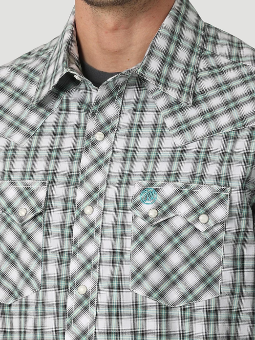 Retro Short Sleeve Western Snap with Sawtooth Flap Pocket Plaid Shirt Men Wrangler RHXV430 Clothing Picnic Green (112326336)