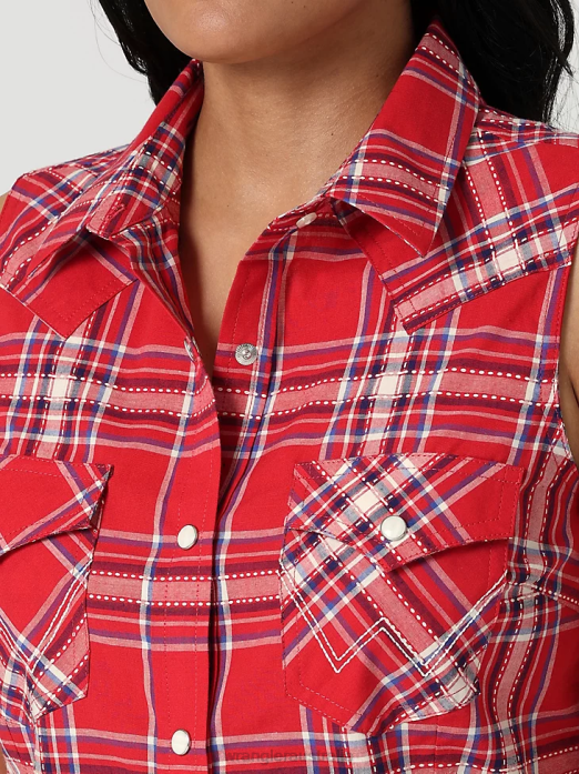Retro Sleeveless Plaid Western Snap Top Women Wrangler RHXV896 Clothing Pop Red (112329682)