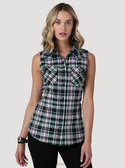 Retro Sleeveless Plaid Western Snap Top Women Wrangler RHXV897 Clothing Deep Green (112330047)